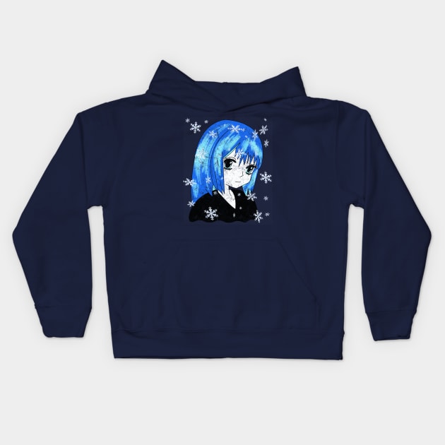 Distressed Winter Anime Girl Drawing Kids Hoodie by GreenCowLand